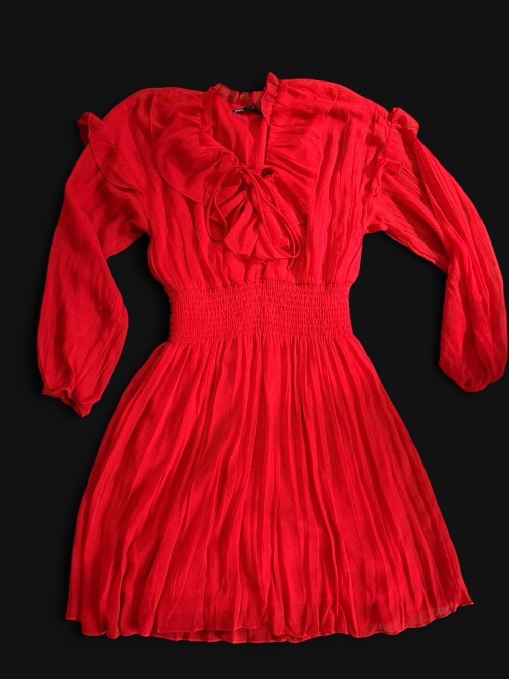 Zara Red Long-Sleeve Tie-Front Smocked Waist Dress